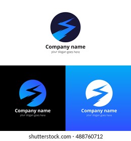 Lightning bold, thunder bolt, zipper, lighting strike expertise vector logo, icon design template. Logotype lightning in circle with blue gradient on white background.