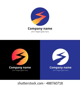 Lightning bold, thunder bolt, zipper, lighting strike expertise vector logo, icon design template. Logotype lightning in circle with orange-yellow gradient on white background.