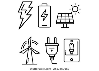 Raio Parafuso, bateria, painel solar, turbina de vento, tomada de energia e linha do interruptor elétrico Ícones