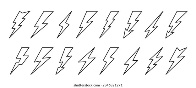 Lightning bolt black line icon set. Energy power charge sign. Thunder strike electricity linear symbol. Thunderbolt flash pictogram. Powerful electrical discharge hitting. Danger zigzag arrow concept