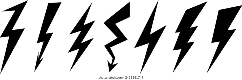 Lightning bolt black line icon set. Electric power symbol.	
