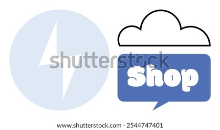 Lightning bolt in a blue circle next to a cloud-shaped speech bubble containing the word Shop. Ideal for online shopping, cloud services, energy retail, technology stores, e-commerce