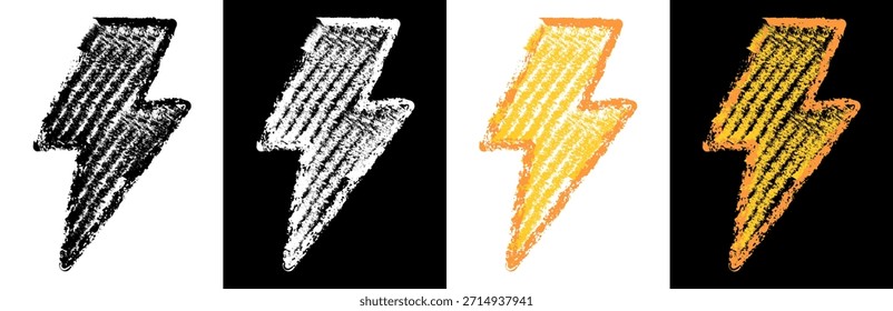 Raio giz giz giz desenho. Relâmpago desenhado à mão de criança com textura grunge. Ilustração de giz preto e branco e colorido no estilo de esboço de crianças brincalhonas. Símbolo elétrico isolado por vetor.
