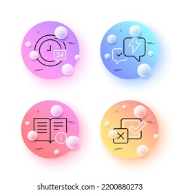 Lightning bolt, Checkbox and Technical info minimal line icons. 3d spheres or balls buttons. 24h delivery icons. For web, application, printing. Messenger, Survey choice, Documentation. Vector