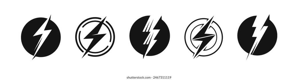 Lightning bolt in circle vector icons. Electric flash bolts logo set.