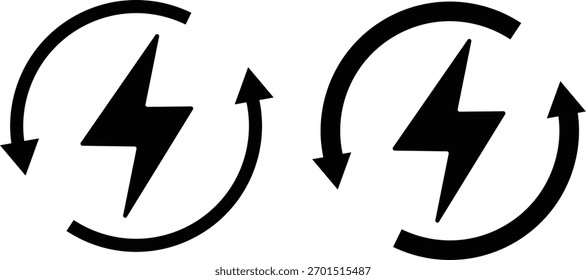 Raio com ícone de seta circular. Projetos gráficos de loop de energia elétrica. Símbolos de Recarga de Energia. Sinais de atualização do sistema e loop de energia
