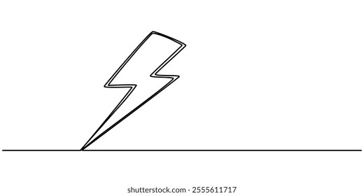 Lightning Bolt Continuous Line Art Illustration, Lightning icon in continuous line drawing style. Line art of lightning bolt icon, Flash pro vector Illustration, bolt electric  in continuous line.