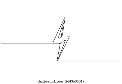 Lightning bolt continuous one line drawing, Flash Illustration, continuous line electric icon. Single electric vector. Electric energy icon drawn one vector illustration.