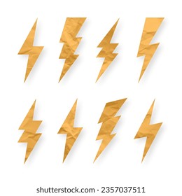 Lightning bolt, crumpled paper texture, cardboard. Flash symbol, thunderbolt. Simple lightning strike sign. Vector illustration