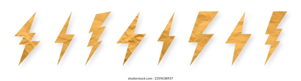 Lightning bolt, crumpled paper texture, cardboard. Flash symbol, thunderbolt. Simple lightning strike sign. Vector illustration