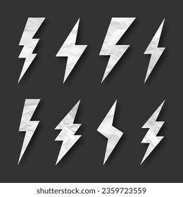 Lightning bolt, crumpled paper texture, cardboard. Flash symbol, thunderbolt. Simple lightning strike sign. Vector illustration
