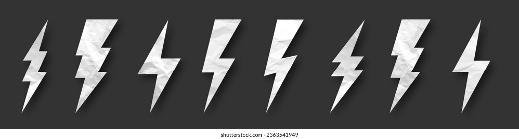 Lightning bolt, crumpled paper texture, cardboard. Flash symbol, thunderbolt. Simple lightning strike sign. Vector illustration
