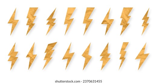 Lightning bolt, crumpled paper texture, cardboard. Flash symbol, thunderbolt. Simple lightning strike sign. Vector illustration