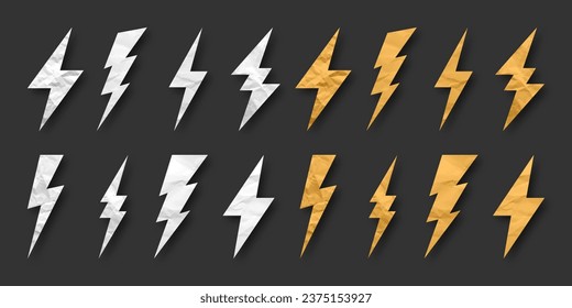 Lightning bolt, crumpled paper texture, cardboard. Flash symbol, thunderbolt. Simple lightning strike sign. Vector illustration.