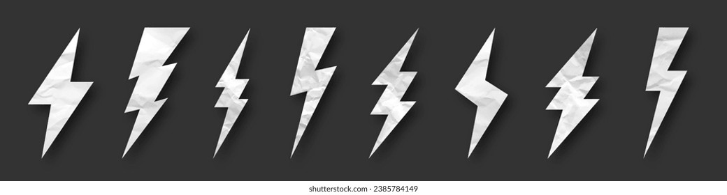 Lightning bolt, crumpled paper texture, cardboard. Flash symbol, thunderbolt. Simple lightning strike sign. Vector illustration