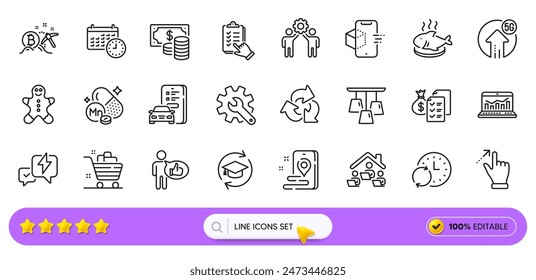 Lightning bolt, Customisation and Grocery basket line icons for web app. Pack of Recycle, Touchscreen gesture, Coins banknote pictogram icons. Update time, Continuing education. Search bar. Vector