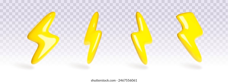 Lightning bolt of different shape on transparent background. Cartoon 3d vector illustration set of thunder flash or electric energy power sign. thunderbolt for warning, fast and discount concept.