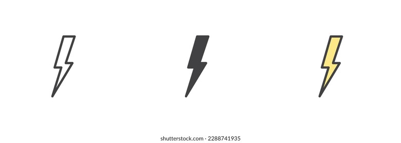 Lightning bolt different style icon set. Line, glyph and filled outline colorful version, outline and filled vector sign. Storm symbol, logo illustration. Vector graphics