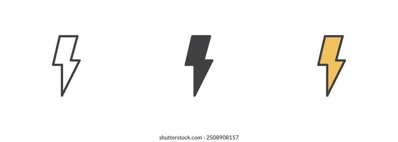 Conjunto de iconos de estilo diferente de rayo. Línea, glifo y contorno relleno versión colorida, contorno y signo de Vector relleno. Símbolo de luz de destello, ilustración de logotipo. Gráficos de Vector