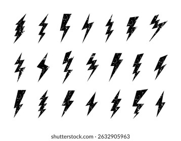 Lightning bolt. Distressed black lightning bolt icons with grunge texture. Bold electric power symbols, punk vintage rock style logos, posters and flash stickers. Vector set.