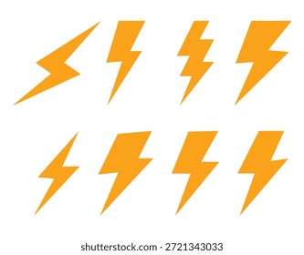 Conjunto de iconos de energía eléctrica del rayo.  Símbolos de energía, energía, tormenta eléctrica, Recargo. Diseños del icono del trueno aislados en el fondo blanco.