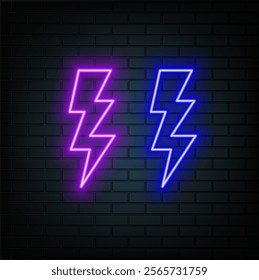 Lightning bolt, electric power, simple icon. Orange neon style on black background. Light linear icon with editable stroke.