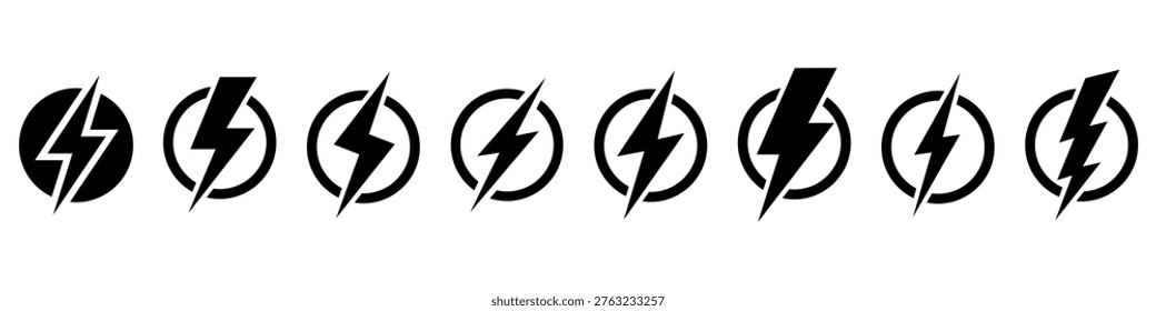 Lightning bolt emblem in circle. Energy symbol, power icon, electricity sign. Electric charge pictogram, thunder warning design. Thunderbolt simple logo, light flash, fast battery charger vector set