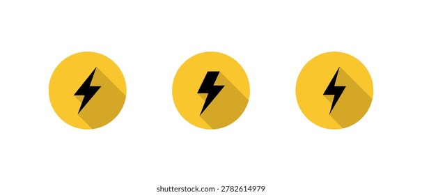 Lightning bolt energy icon set with long shadow. Flash thunder and electric power symbol