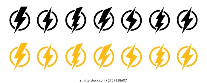 Energía del relámpago y conjunto de iconos de flash de energía. Chispa eléctrica y símbolo de golpe de rayo en círculos. Ilustración vectorial.