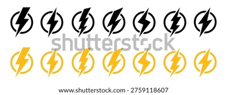 Lightning bolt energy and power flash icon set. Electric spark and thunderbolt strike symbol in circles. Vector Illustration.