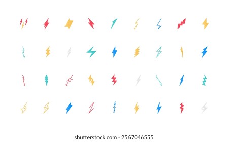 Lightning bolt of energy power and lightening, fast electric thunderbolt in storm color icon set. Flash shock bolt signs of different shapes and arrow, blitz flat elements vector illustration