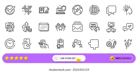 Lightning bolt, Fake news and Time change line icons for web app. Pack of Inflation, Puzzle, Feedback pictogram icons. Inspect, Phone transfer, Education signs. Electricity, Work home. Vector