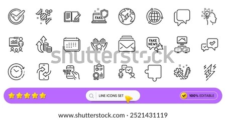 Lightning bolt, Fake news and Time change line icons for web app. Pack of Inflation, Puzzle, Feedback pictogram icons. Inspect, Phone transfer, Education signs. Electricity, Work home. Vector