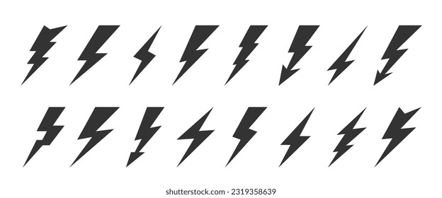 Lightning bolt flash icon set. Energy power charge sign. Thunder strike electricity symbol. Thunderbolt pictogram. Powerful electrical discharge hitting from side to side. Thundershock zigzag arrow