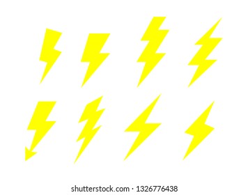 Lightning bolt  Flash Icons Set. electricity power. yellow Thunder Isolated on white background. Vector Illustration.