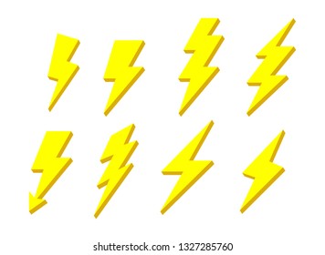 Lightning bolt  Flash Icons Set. electricity power. yellow Thunder Isolated on white background. Vector Illustration.