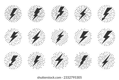 El relámpago relámpago de un tornillo con efecto de ráfaga de sol. Tornillo con rayos solares de círculo vintage. Símbolo de energía de peligro. Rayos en las vigas radiales de la puesta de sol y la flecha de zigzag de la conmoción. Explosión de fuegos artificiales