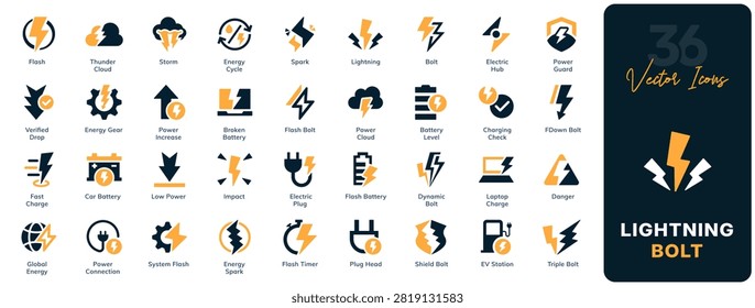 Lightning Bolt flat icon set. Contains lightning bolt, flash, power, silhouette,  thunder shapes, seamless, pattern, electricity, and thunder solid icon collection. Fill vector icon collection
