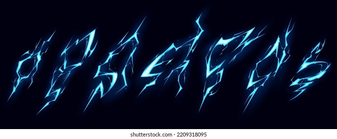 Lightning bolt hit vfx effect. Blue electric or magic thunderbolt strike, impact, crack, wizard energy flash. Powerful electrical discharge, Cartoon vector set isolated on black background