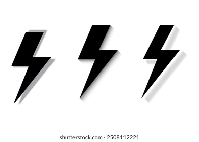 Symbol für Blitzschlag. Schwarzes elektrisches Symbol. Drei Bolzen mit Schatten. Einfaches Vektordesign.