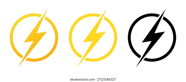 Ícone de raio em círculo. poder de raio de silhueta amarelo ou preto. Tempestades com rajadas de vento. Taxa de energia. Trovão em ziguezague. Tensão elétrica. Conjunto de vetores de símbolos redondos de descarga elétrica