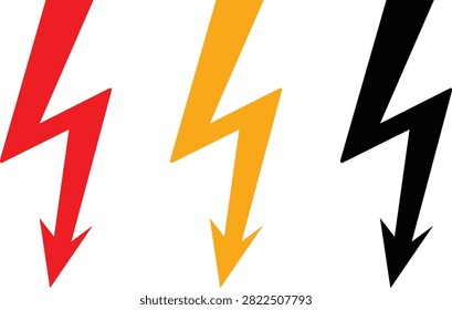 Lightning bolt icon collection featuring red, orange, and black electric flash symbols isolated on white background, electricity warning icons, voltage sign vector, power symbol set for electrical safety, engineering, industrial graphics, web interface, application design, infographic, sticker, label, printable illustration, editable vector artwork
