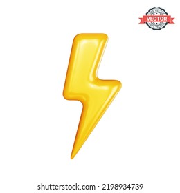 Lightning bolt icon. Conceptual sign of thunderstorm, electricity, battery or electric vehicle. Realistic 3D vector illustration on white background