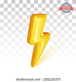 Lightning bolt icon. Conceptual sign of thunderstorm, electricity, battery or electric vehicle. Realistic 3D vector illustration on transparent background