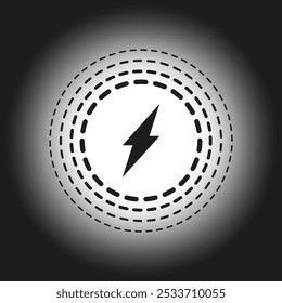 Symbol für Blitzschlag. Gestrichelte kreisförmige Linien. Energie- und Stromsymbol. Vektorsymbol für Elektrizität.