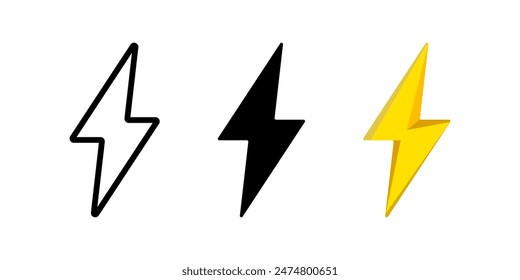 Lightning bolt icon. Electric energy symbol. Electricity power sign. Thunderbolt vector illustration isolated. Yellow speed pictogram. Charging icon.