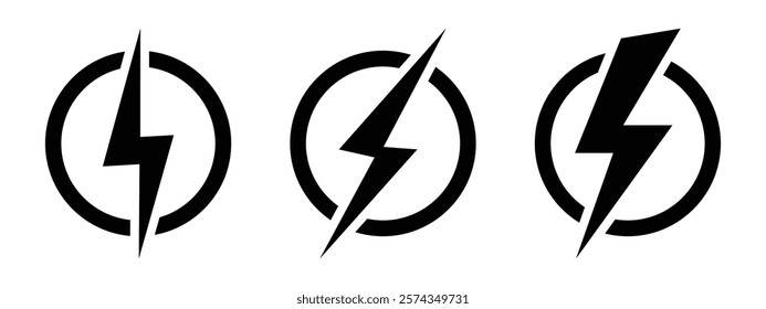 Lightning bolt icon, Electric lightning bolt symbol set vector, Flash, speed, battery charging sign, logo