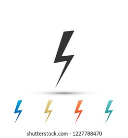 Lightning bolt icon isolated on white background. Flash icon. Charge flash icon. Thunder bolt. Lighting strike. Set elements in colored icons. Flat design. Vector Illustration