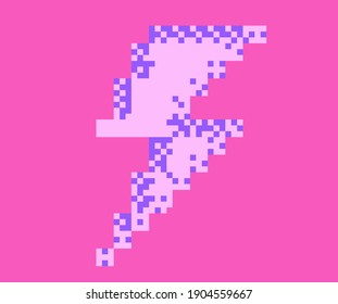Lightning bolt icon in pixel art style like in old video games of 80's-90's. Symbol of thunderbolt, High Voltage icon.