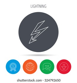 Lightning bolt icon. Power supply sign. Electricity symbol. Globe, download and speech bubble buttons. Winner award symbol. Vector